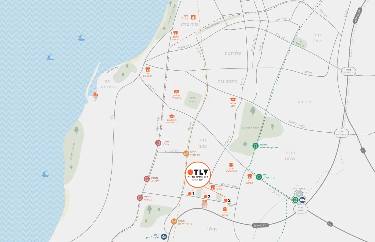 מפת הסביבה של OFER TLV עם תחנות הרכבת הקלה ומוקדי העניין